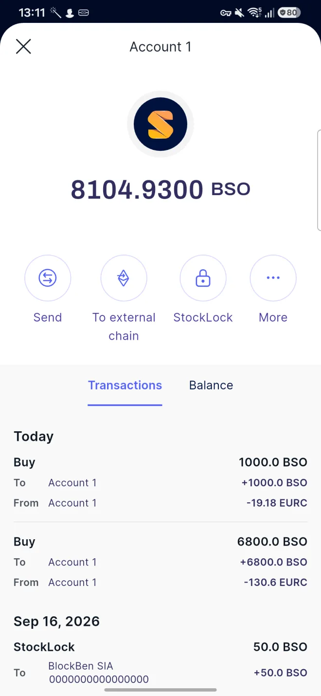 BSO token kártya: küldés, átvitel külső láncra és lekötés gombok, alatta a tranzakciók.