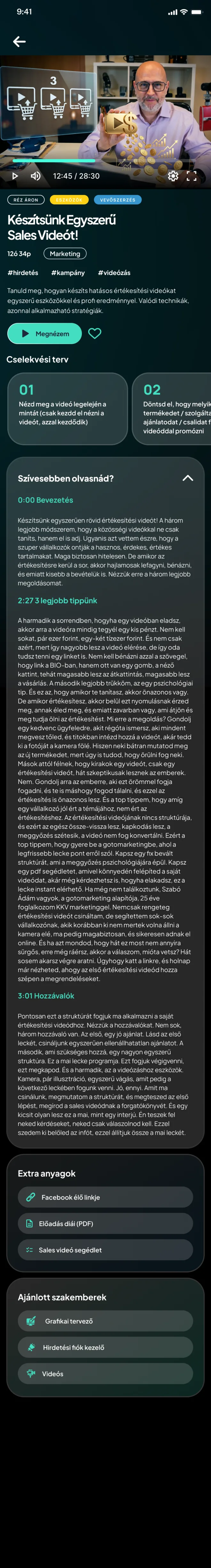 A lejátszó képernyő mobilon: videó, cím és címkék, Cselekvési terv, leirat, Extra anyagok és Ajánlott szakemberek.