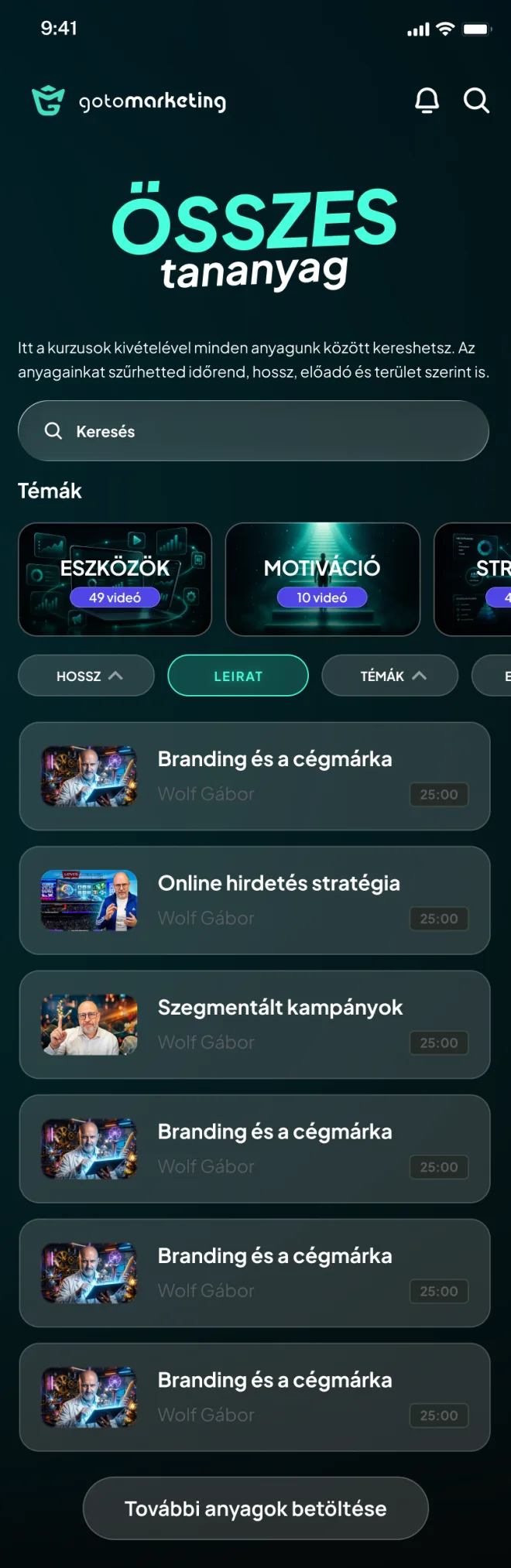 Az Összes tananyag képernyő mobilon: kereső, témacsempék, szűrőgombok (hossz, leirat, témák) és a találati lista.