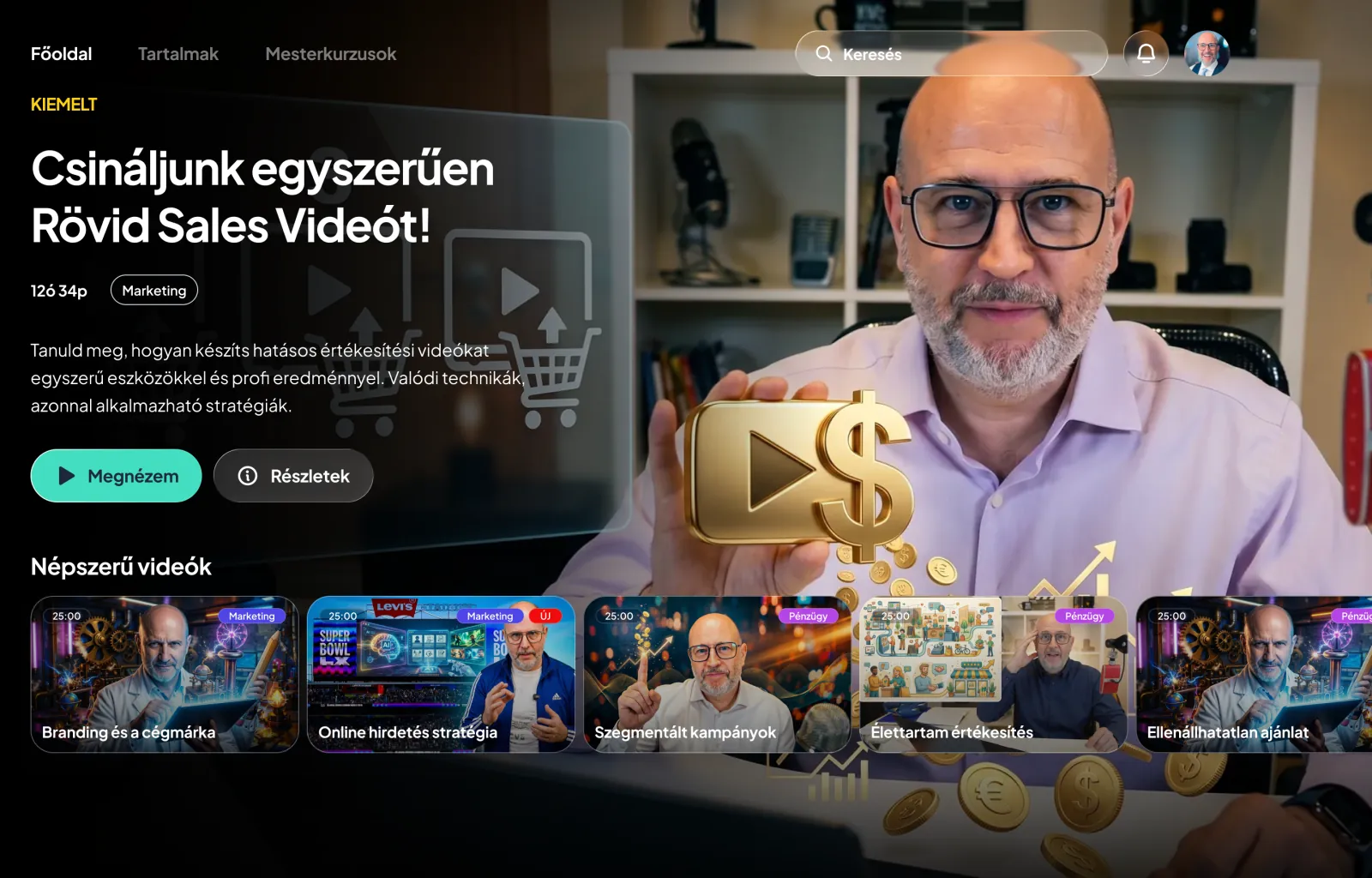 Home screen of the gotomarketing.hu subscription web app: a featured masterclass, lessons to continue and themed series.
