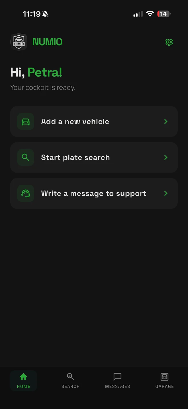 The Numio home screen with quick actions to add a vehicle, search by licence plate and message customer support.