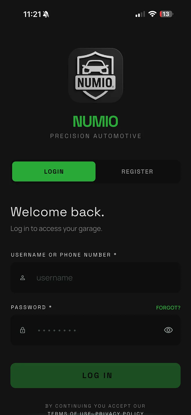 The Numio login screen with username and password fields on a dark interface.