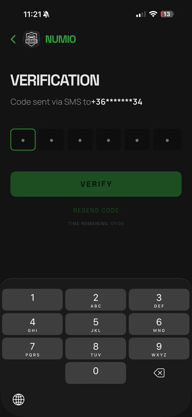 Entering the six-digit verification code received by SMS during Numio registration.
