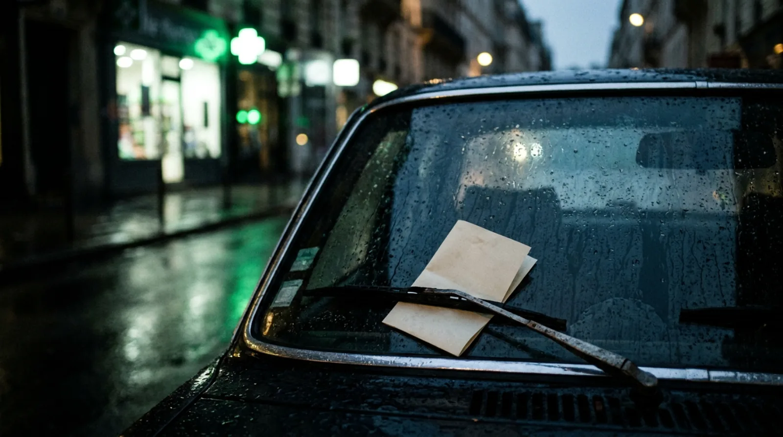 On a rainy evening, a note tucked under the wiper on a parked car's windscreen.