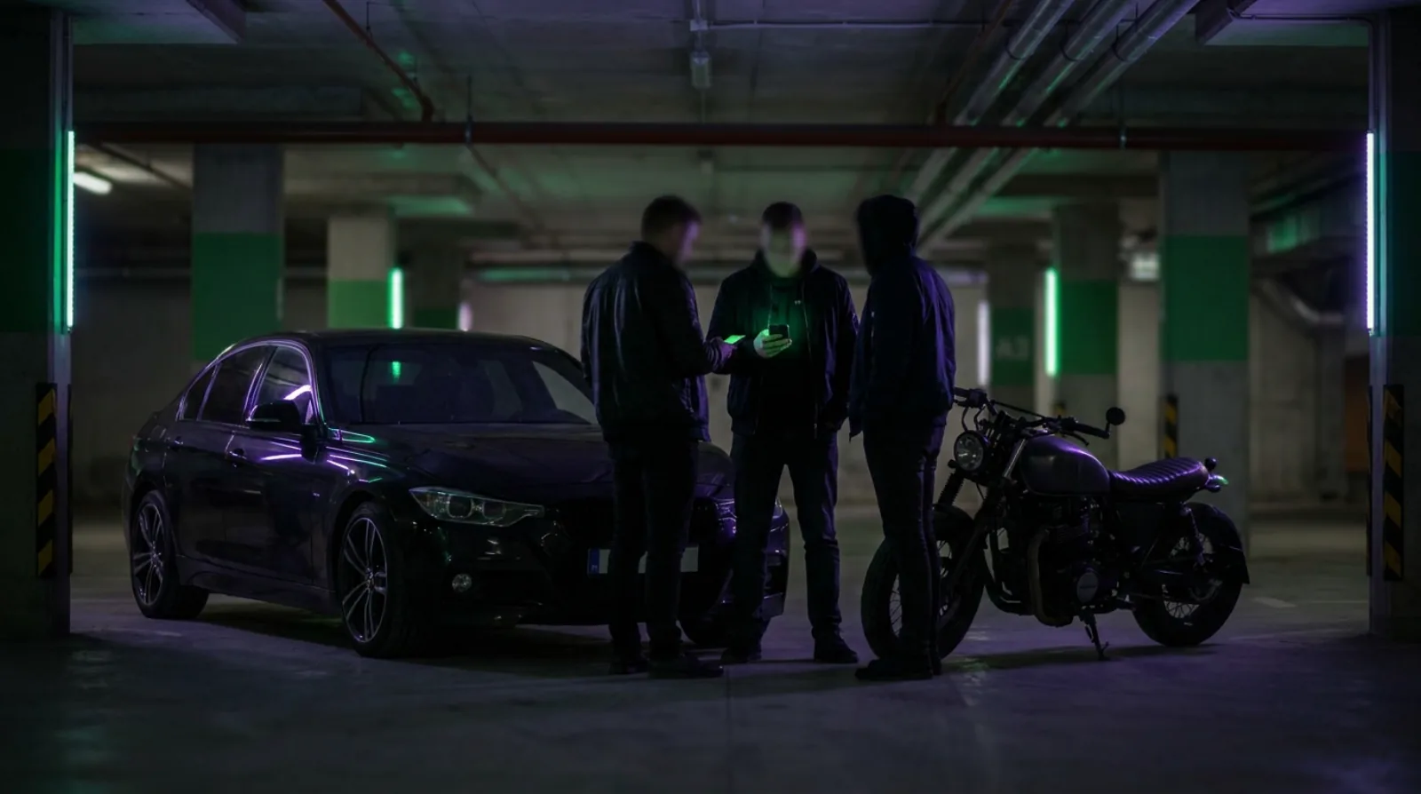 A car meet in an underground car park: drivers and a motorcyclist chatting, one of them holding a phone.