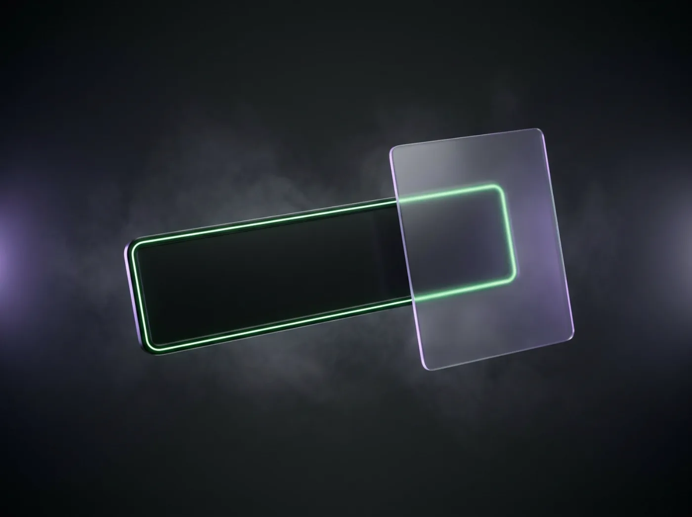 A blank matte black licence plate and a translucent shield against a dark background with a green and purple glow.