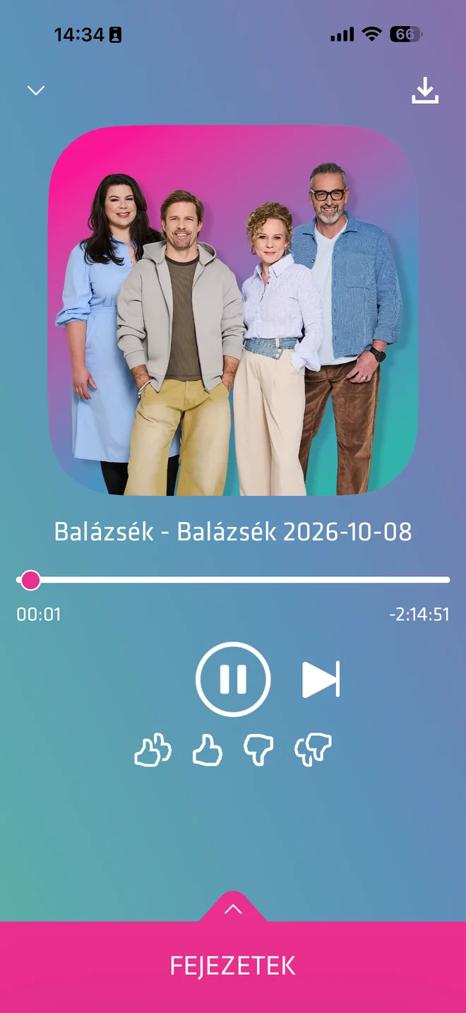Egy Balázsék-adás visszahallgatása: műsorkép, idősáv, lejátszás és ugrás gomb, értékelő ikonok, letöltés és a Fejezetek fül.