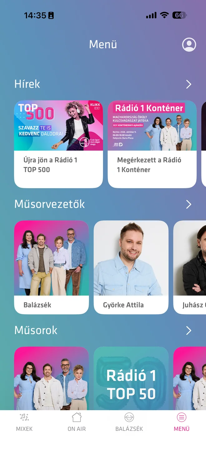 A Menü: hírek kártyákon (Rádió 1 TOP 500, Rádió 1 Konténer), műsorvezetők és műsorok vízszintesen görgethető sorokban.