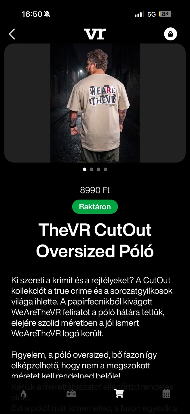 Termékoldal az appban: TheVR CutOut Oversized Póló, 8990 Ft, Raktáron címke, képgaléria és leírás.