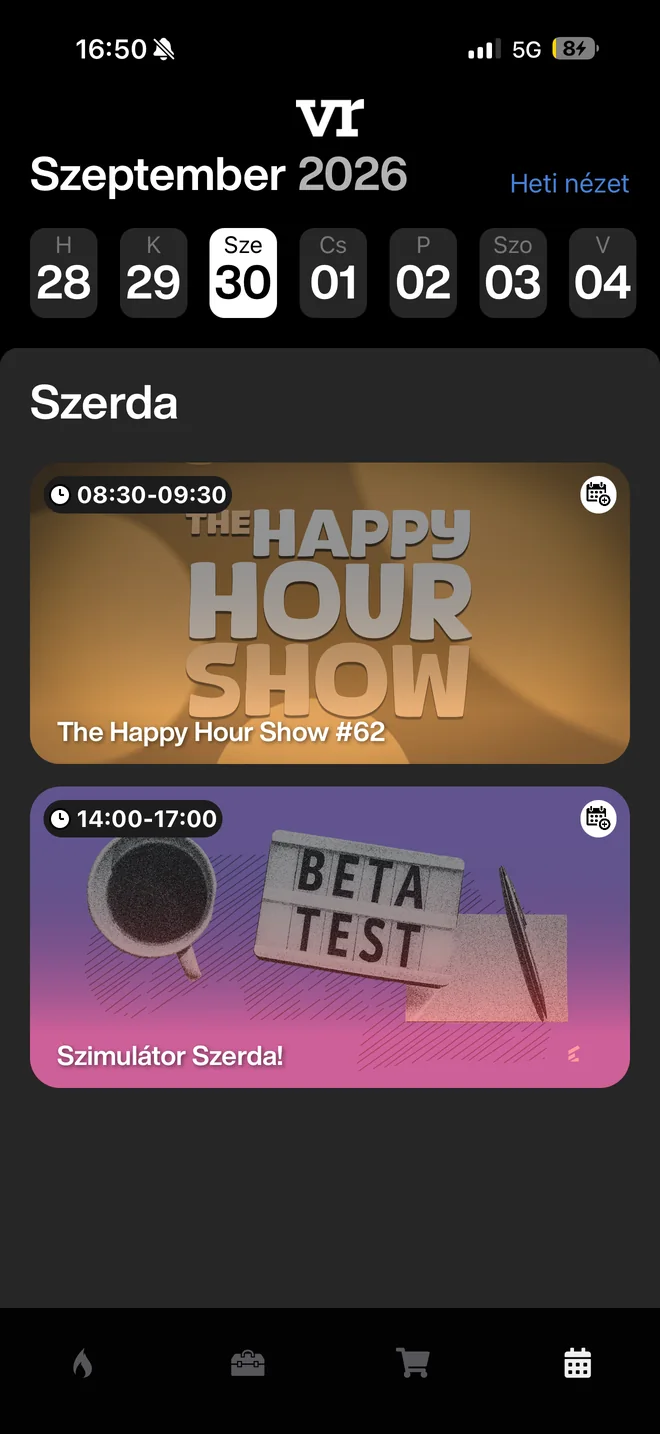 A Menetrend heti nézete: szerdai adások időponttal és borítóképpel, köztük a The Happy Hour Show és a Szimulátor Szerda.