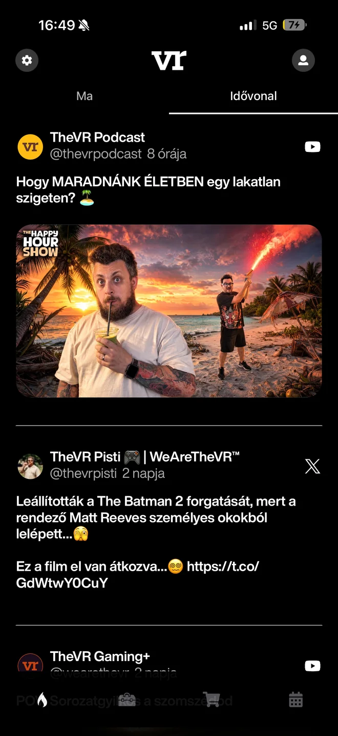 Az Idővonal fül: a TheVR csatornáinak YouTube- és X-bejegyzései egy közös hírfolyamban, képekkel.