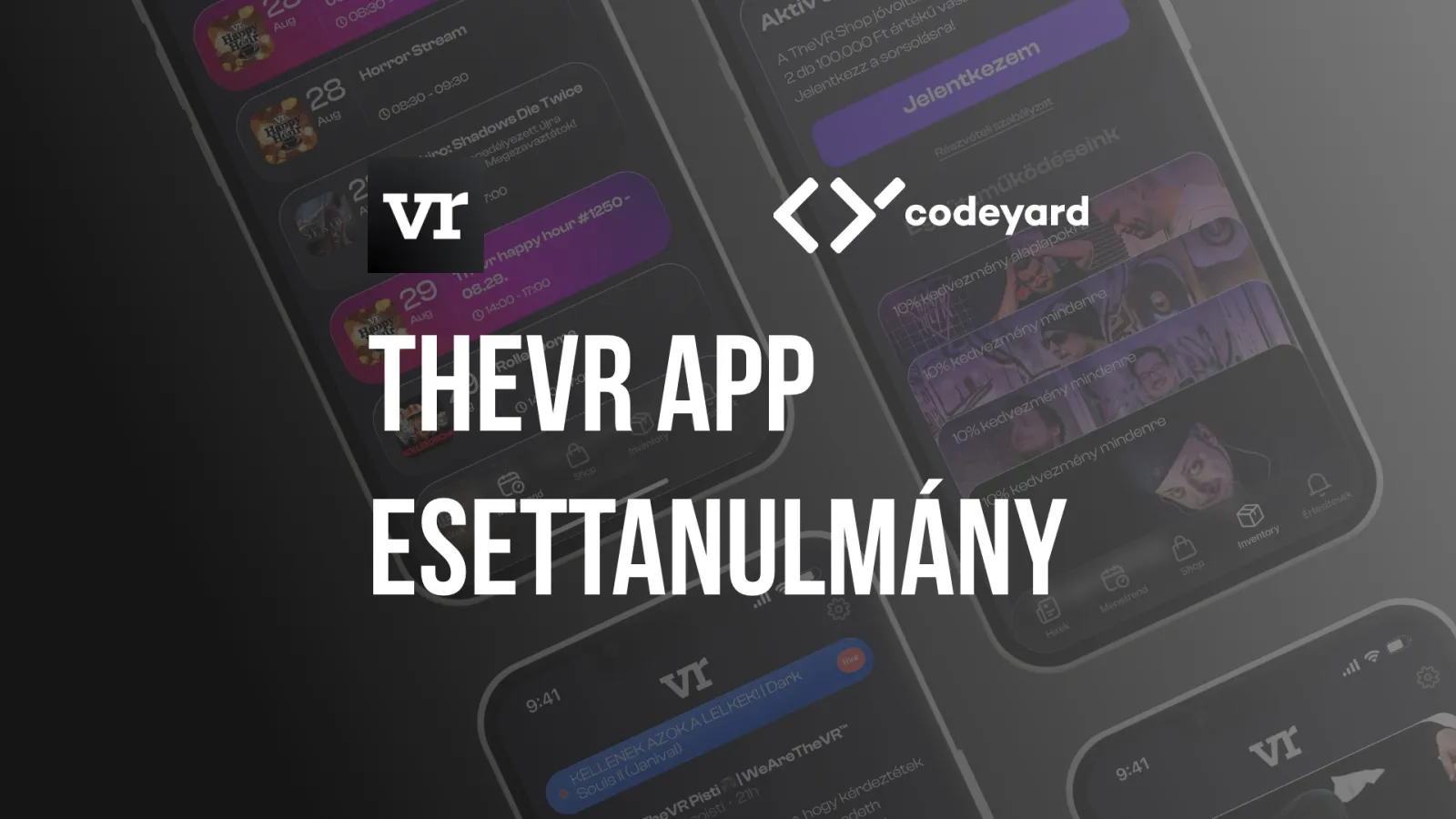 A TheVR 1.0 képernyői: menetrend a Happy Hour adásokkal, inventory kuponkódokkal és nyereményjátékkal, hírfolyam élő adás jelzéssel.
