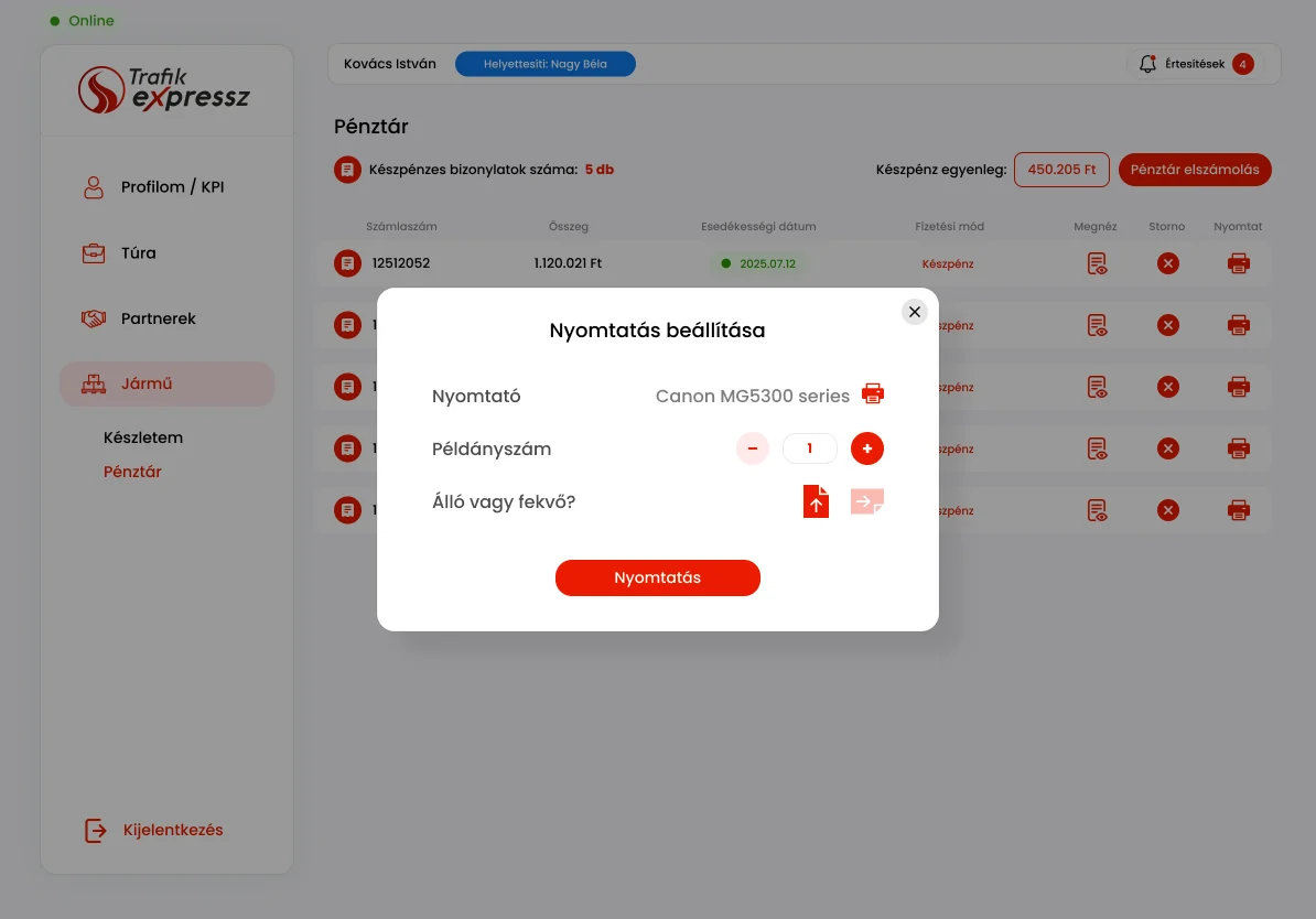 Pénztár: a nap bizonylatai és a nyomtatás beállítása, nyomtatóválasztással és példányszámmal.