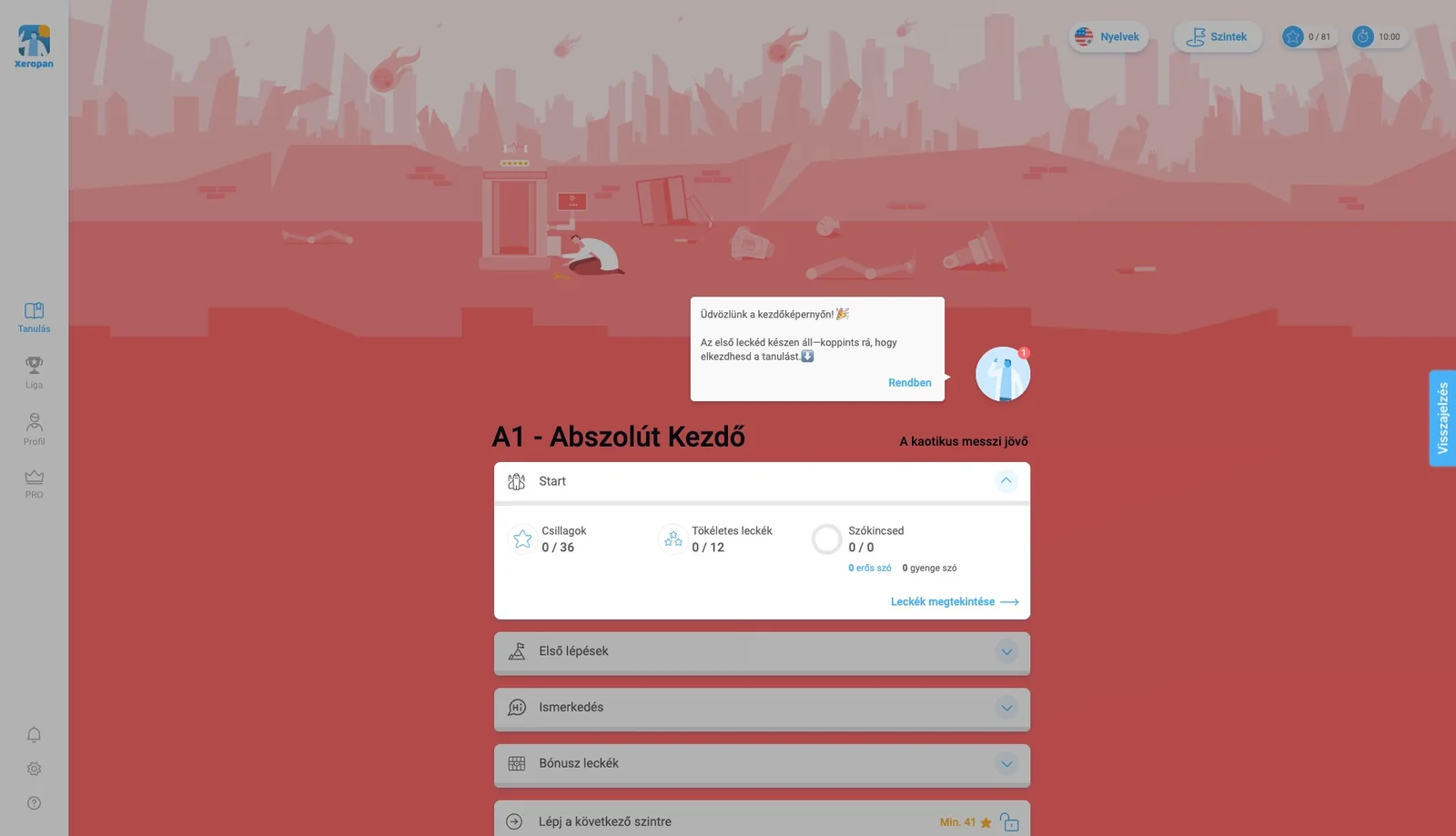 A Xeropan webes kezdőképernyője: A1 Abszolút Kezdő szint A kaotikus messzi jövő történettel, csillagok, tökéletes leckék és szókincs a Start fejezetben.