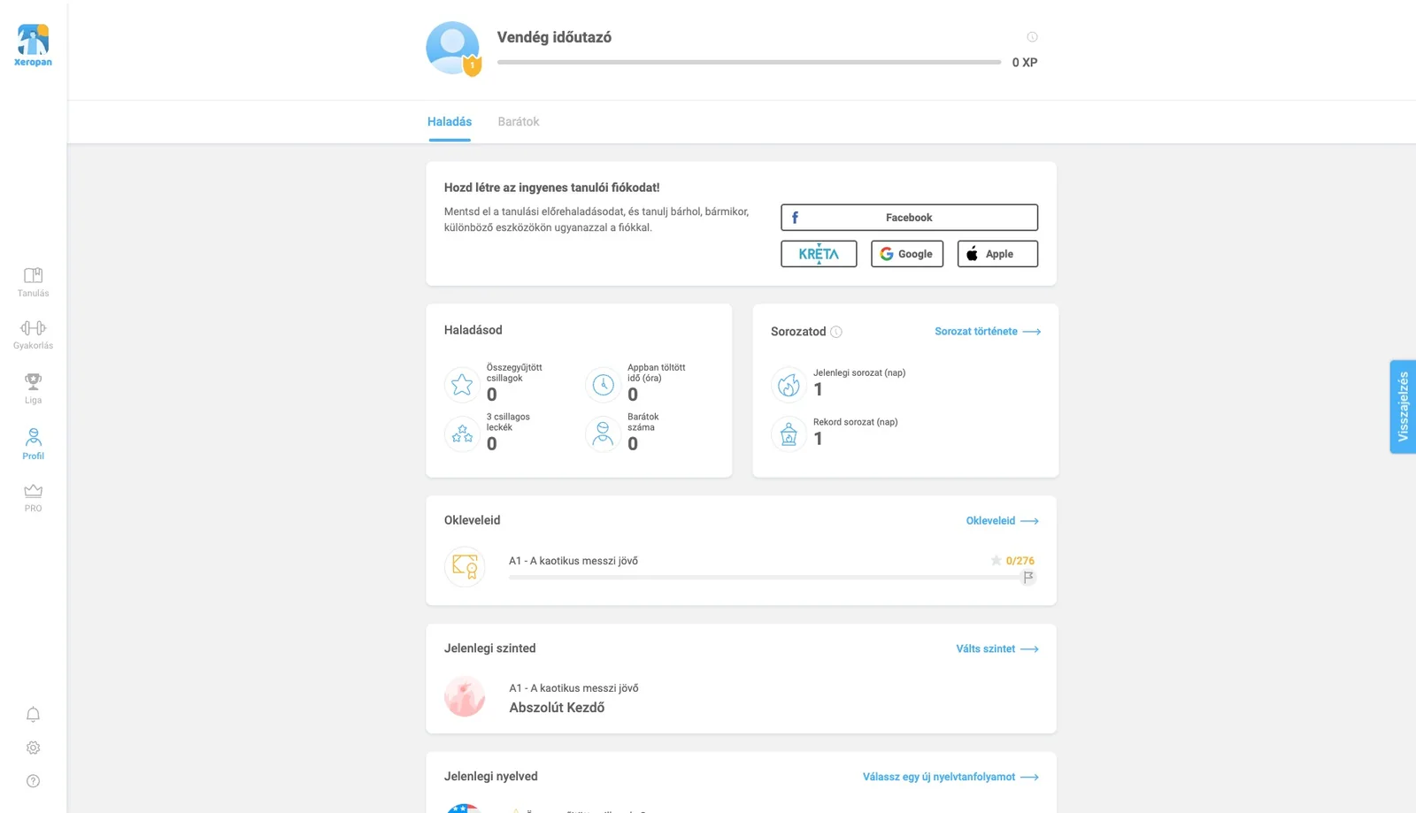 A webes profiloldal: fiók létrehozása Facebook, KRÉTA, Google vagy Apple belépéssel, alatta a haladás, a sorozat és az oklevelek.
